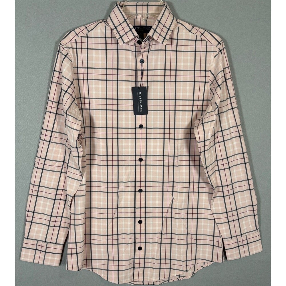 NWT Mizzen Main Leeward Mens S Pink Blue Plaid Trim Fit Performance LS
